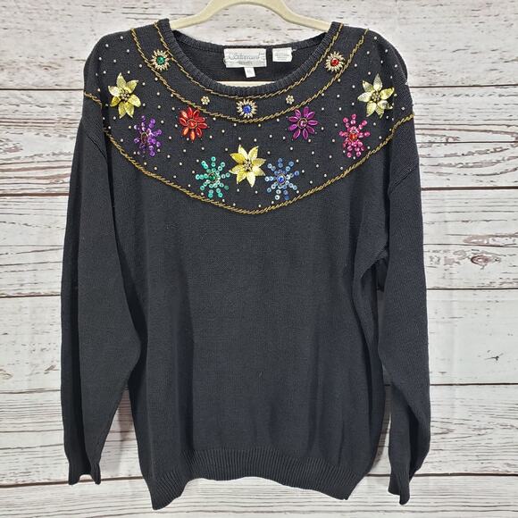 Vintage Silvercord Women's Black Beaded Sequin Pullover Sweater Petite Large - Picture 1 of 12